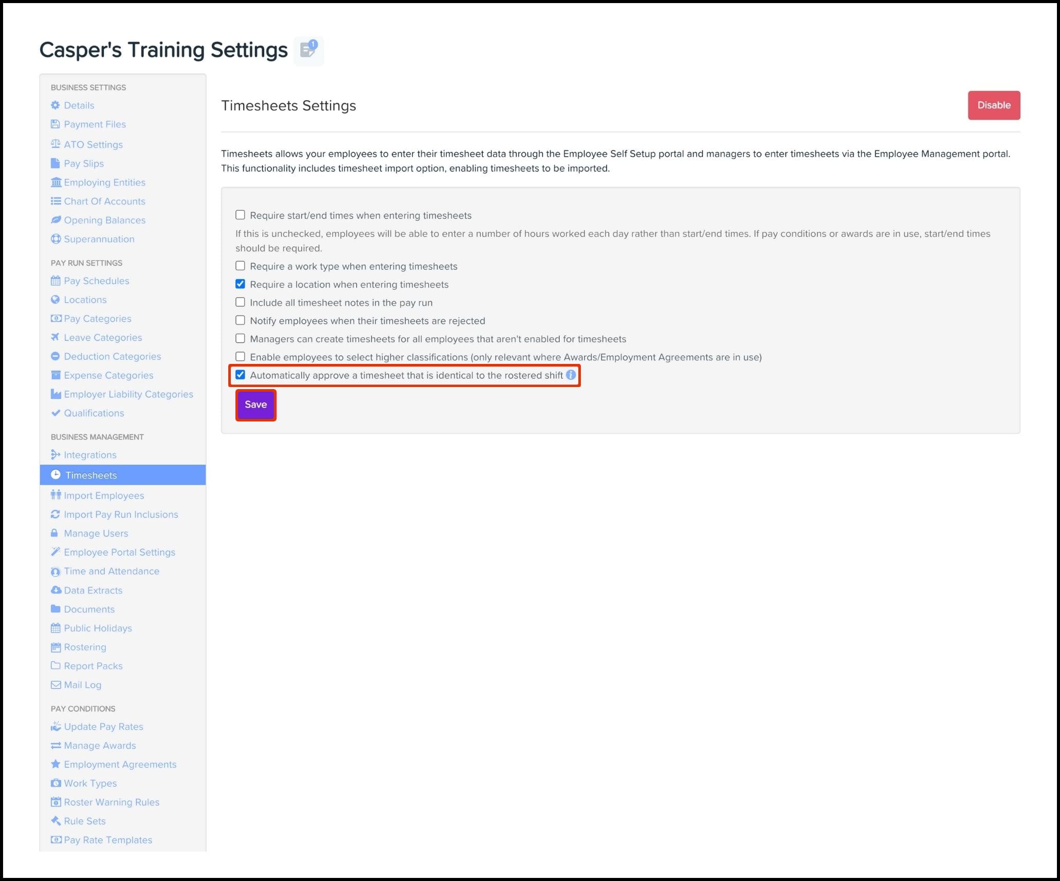 enable automatic approval of timesheets when they match the roster