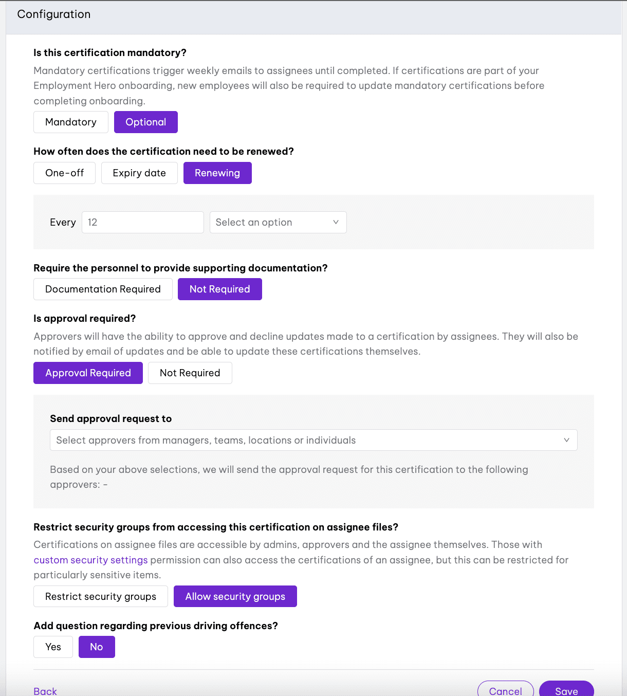 New Add certification UI 2 + Approvers + Restrict access
