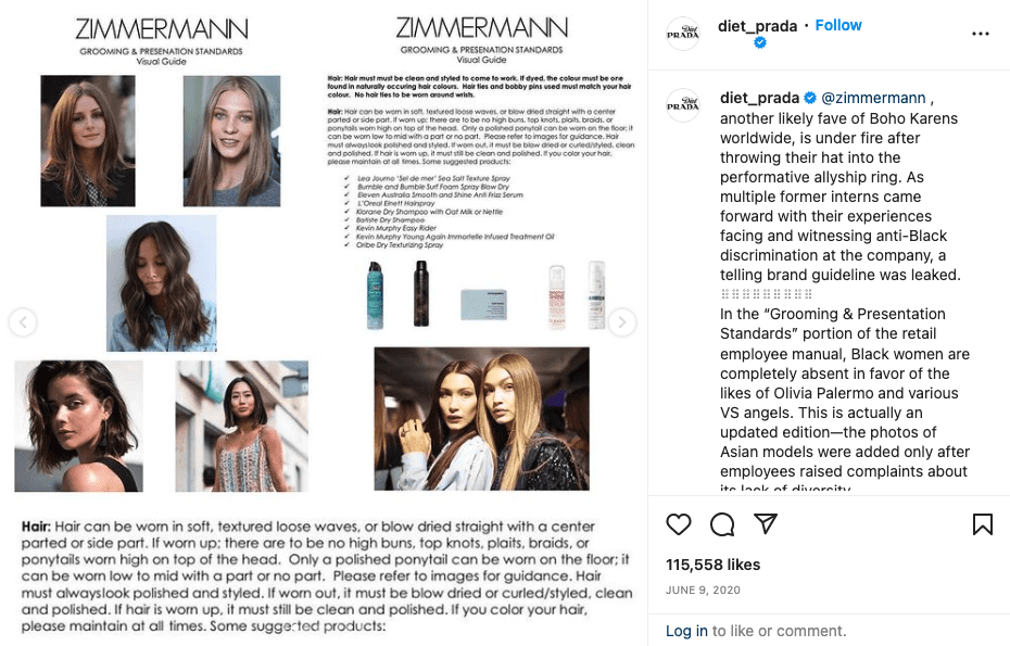 Diet Prada’s Instagram post about Zimmerman’s retail employee guide. 