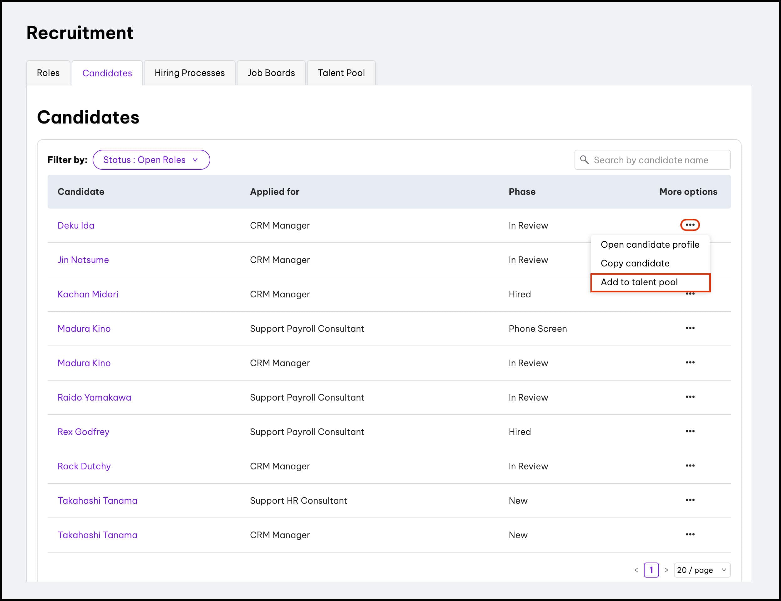 screenshot of employment hero candidate talent pool 