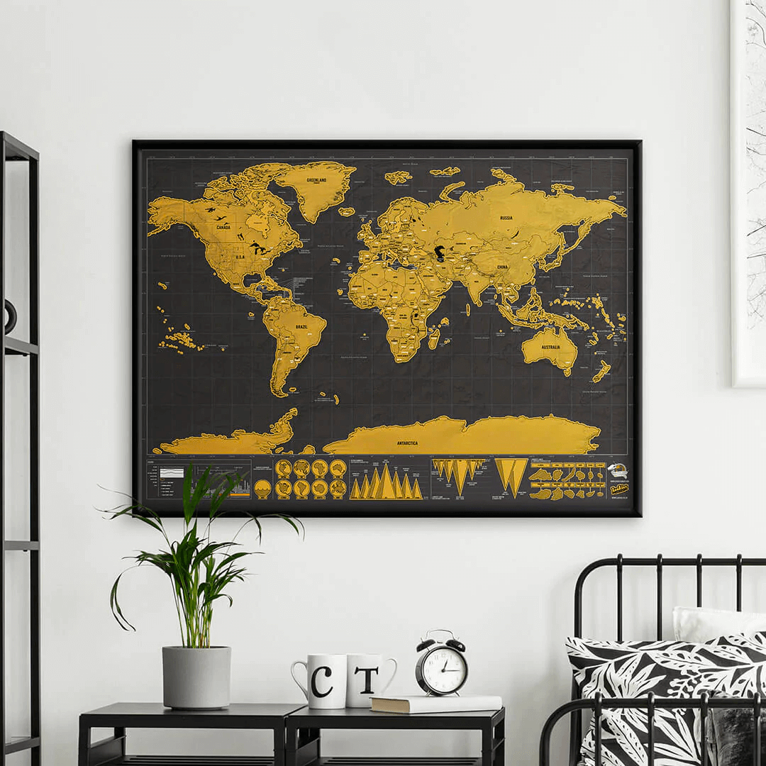 Gold map on the wall in a bedroom