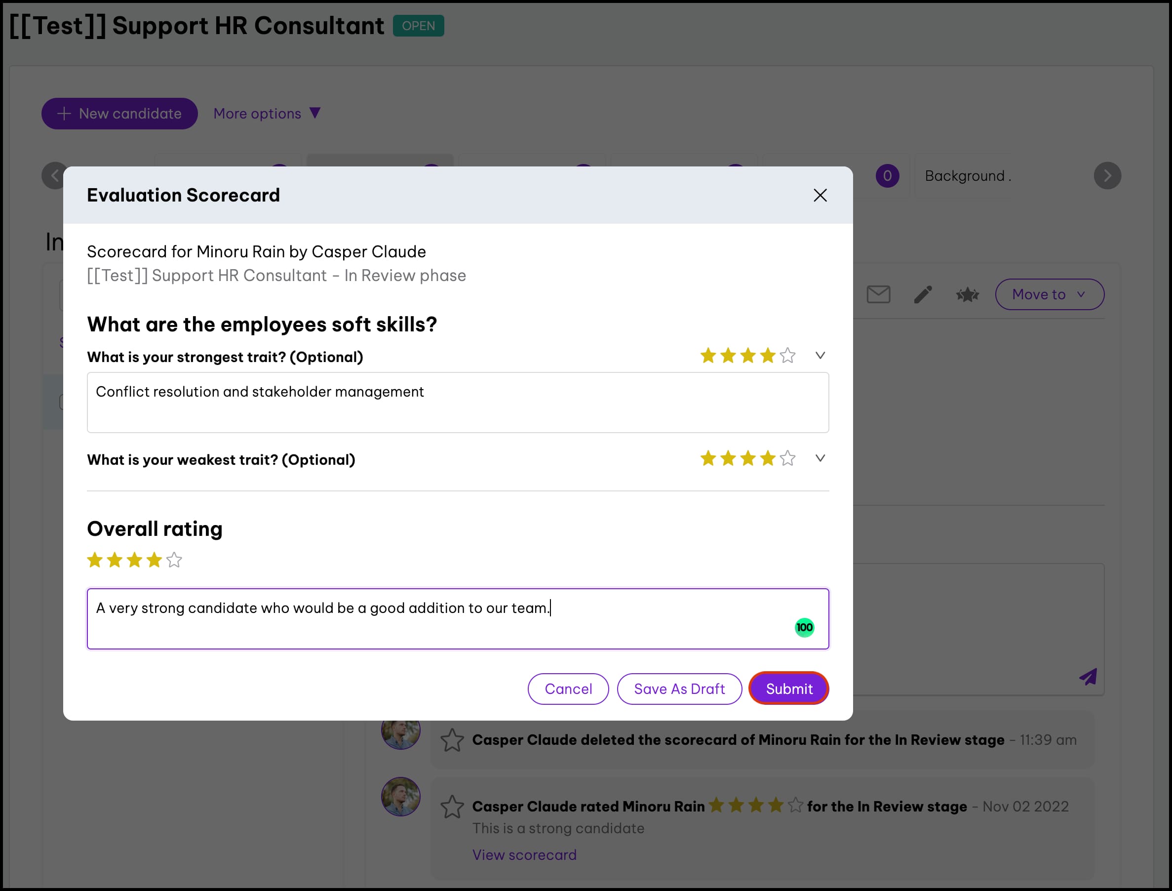 Screenshot of Interview Scorecard in EH platform