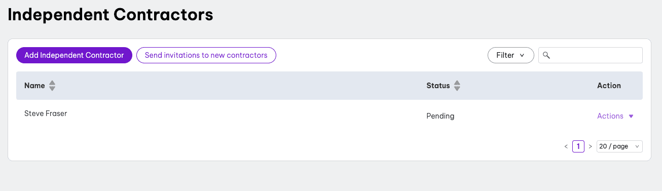 Screenshot of independent contractors section in EH platform