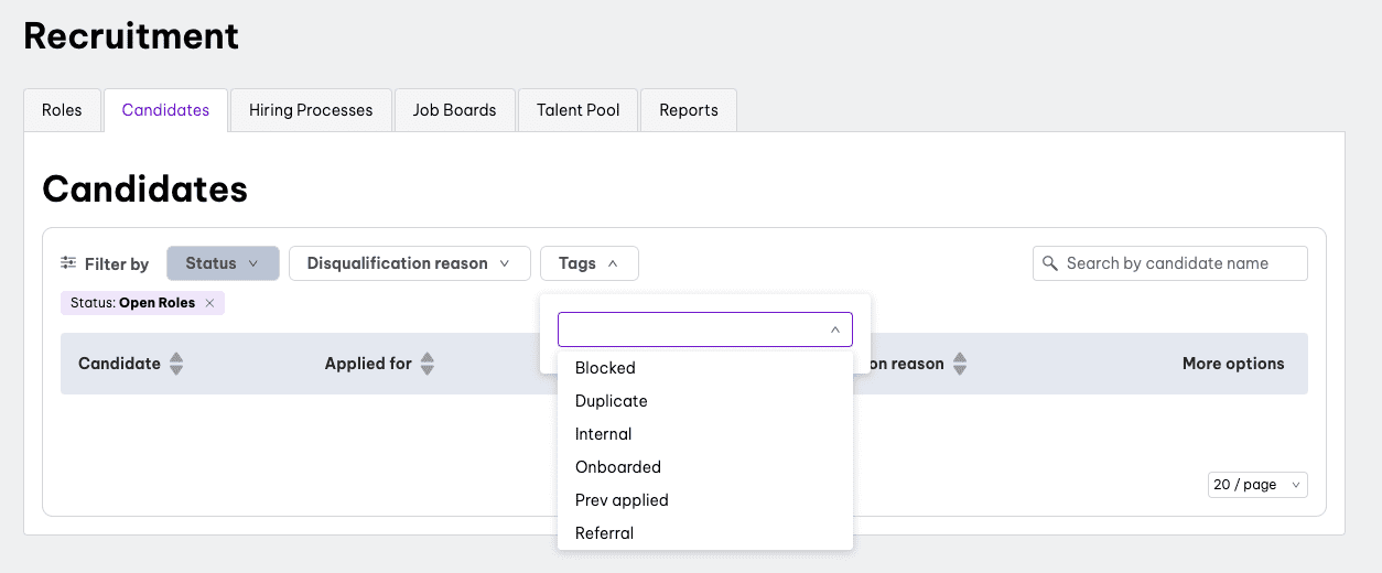 Screenshot of tagging features of candidates in EH platform
