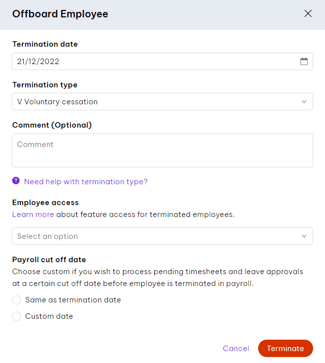 Screenshot of offboarding form in Employment Hero app