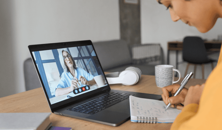 image of a woman on a zoom call talking about Psychosocial Hazards