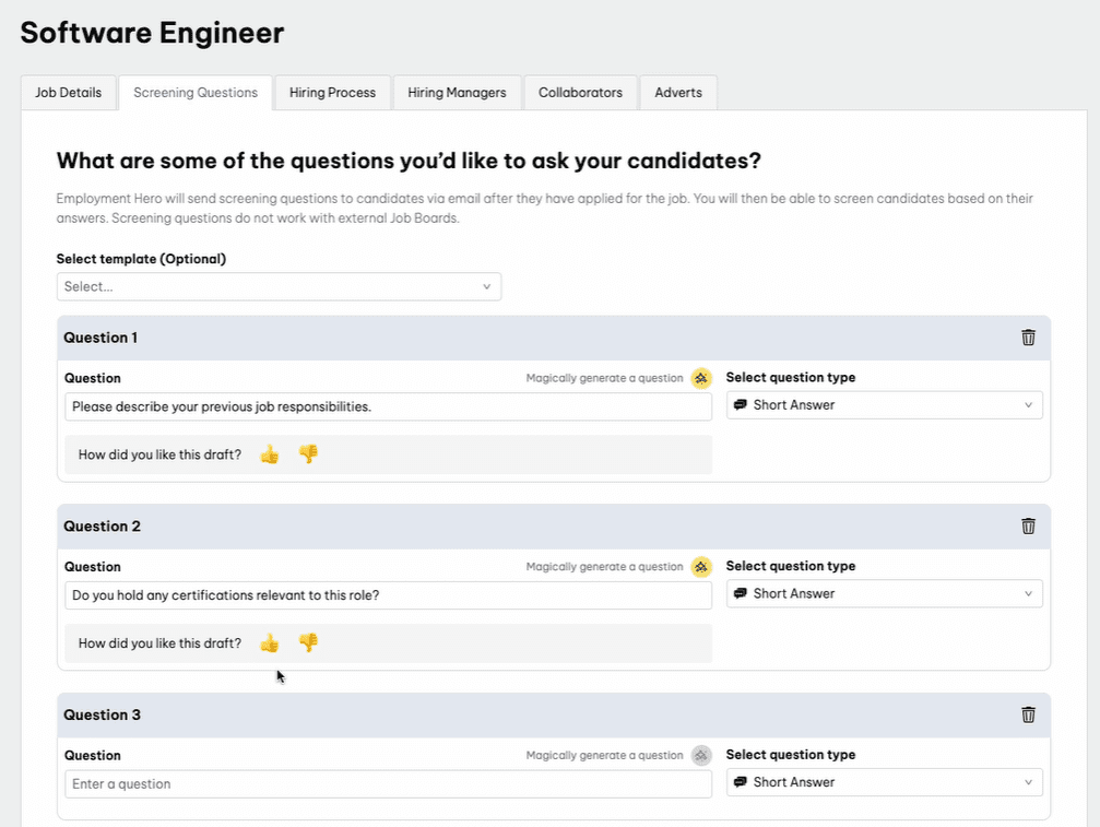 pre screening template questions AI